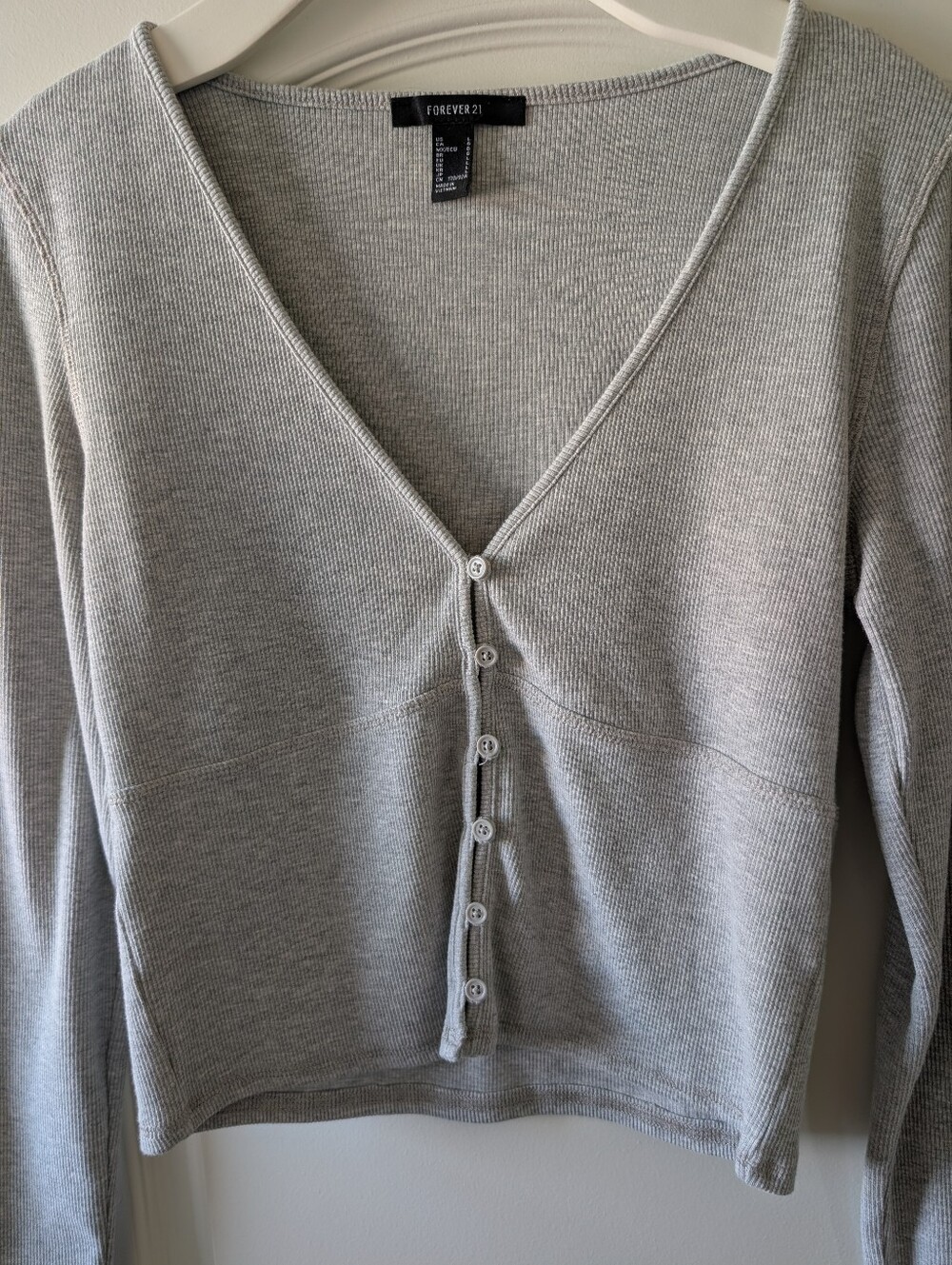 Cropped Light Gray Button-Front Cardigan